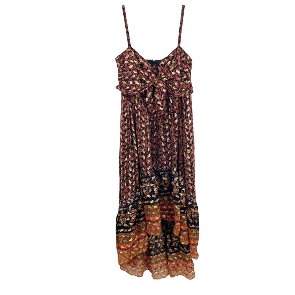 Kobi Halperin Vanessa Tie Front Midi Dress Metallic Paisley Boho‎ - Size Medium